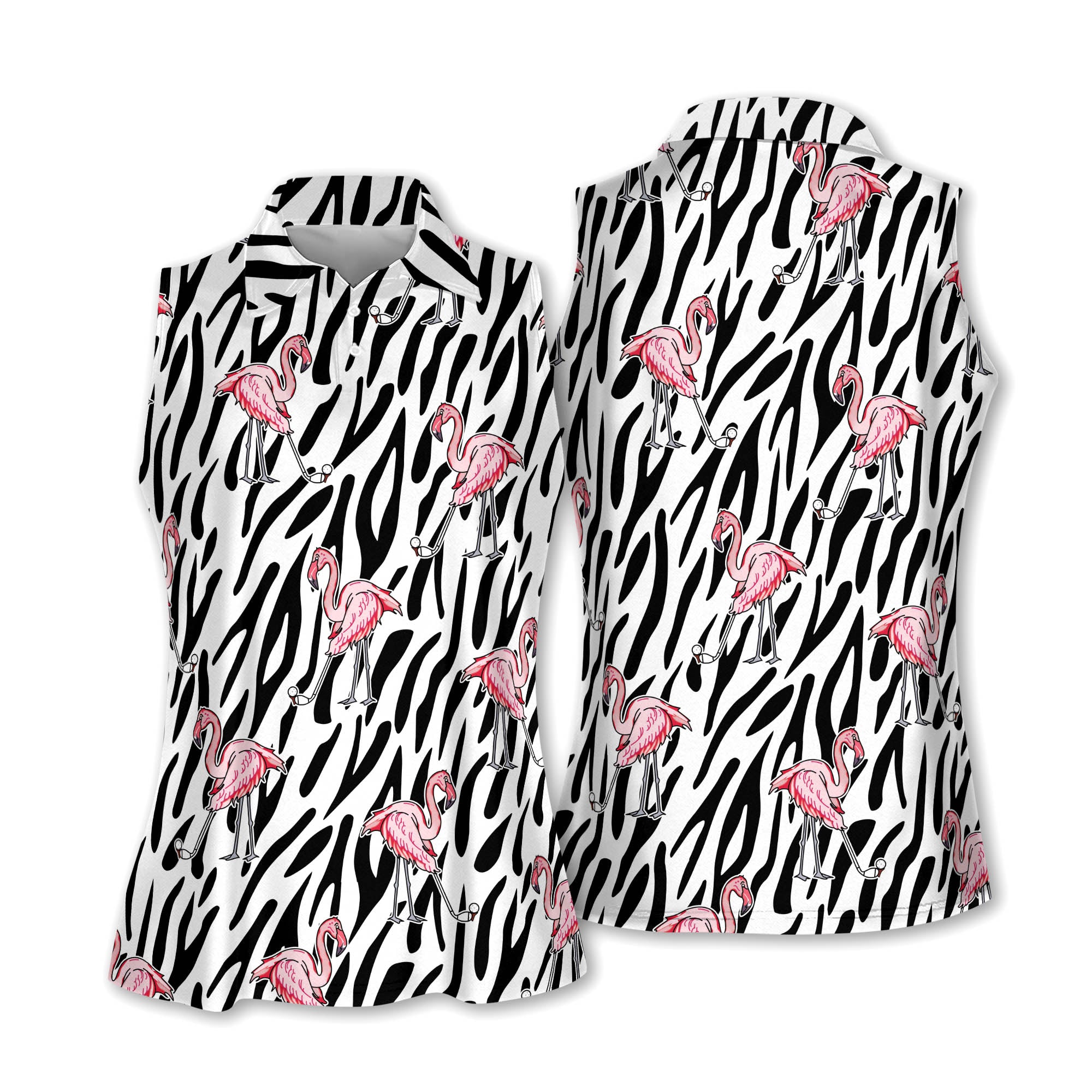 Masnine Seamless Pink Flamingo Golf Shirts, Golf Zebra Background Women