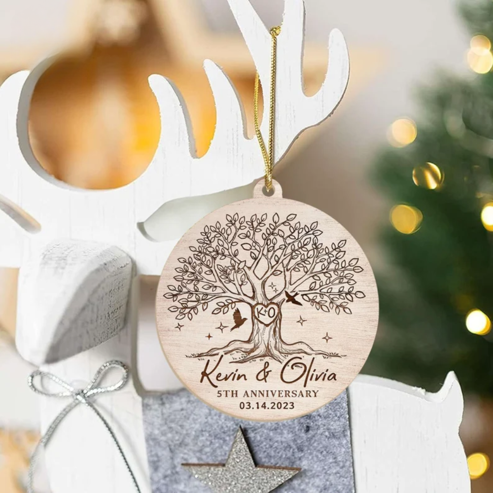 Personalized 5th Anniversary Christmas Ornament 2024, Custom Tree Anniversary Wooden Ornament With Name Wedding Date ON0111