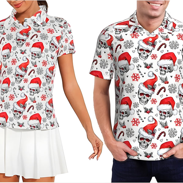 Skull Christmas His And Her Matching Golf Polo Shirts, Christmas Macthing Golf Shirts For Couples GZ0168