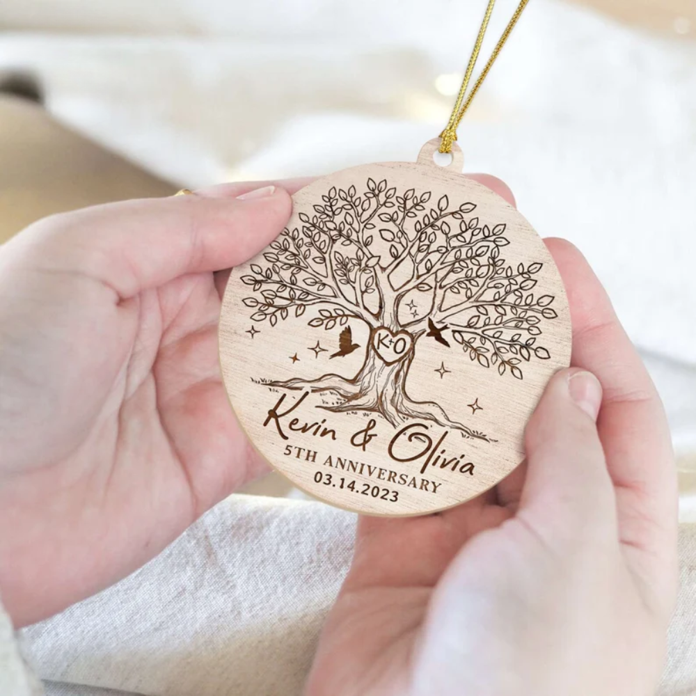 Personalized 5th Anniversary Christmas Ornament 2024, Custom Tree Anniversary Wooden Ornament With Name Wedding Date ON0111