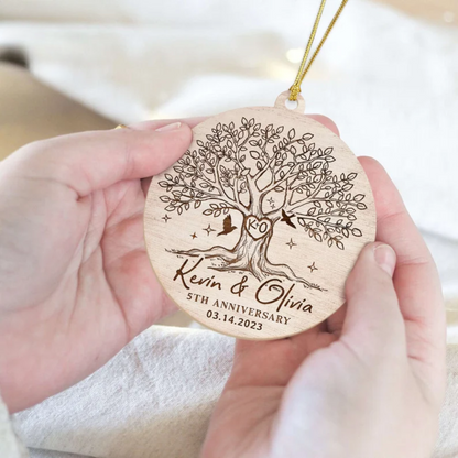 Personalized 5th Anniversary Christmas Ornament 2024, Custom Tree Anniversary Wooden Ornament With Name Wedding Date ON0111