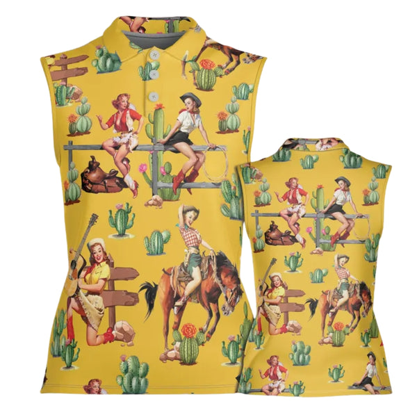 Cowgirls Cactus Sleeveless Golf Shirt Women, Western Golf Shirts For Ladies GE0178