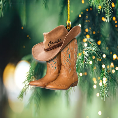 Personalized Cowboy Boots And Hat Christmas Ornament, Custom Name Cowboy Cowgirl Ornament ON0281