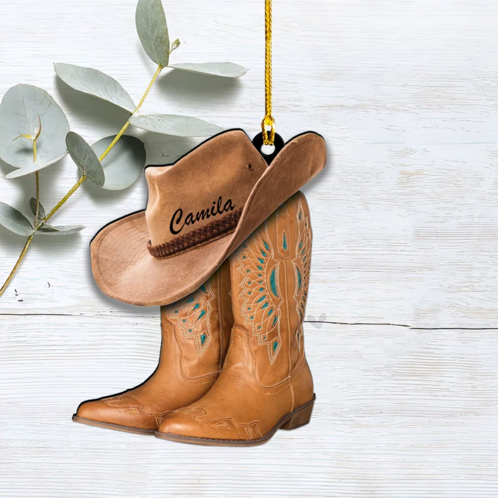 Personalized Cowboy Boots And Hat Christmas Ornament, Custom Name Cowboy Cowgirl Ornament ON0281