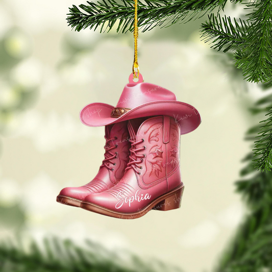 Personalized Pink Boots Western Cowgirl Ornament, Custom Name Western Cowgirl Ornament ON1208