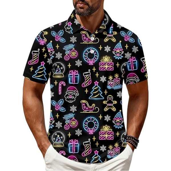 Neon Christmas Black Golf Polo Shirt For Men, Men's Christmas Golf Shirts GZ0181