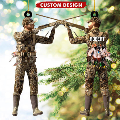 Personalized Aiming Duck Hunter with Gun in Grass Camo Fur Christmas Ornament - Custom Name Duck Hunting Lovers Ornament ON1557