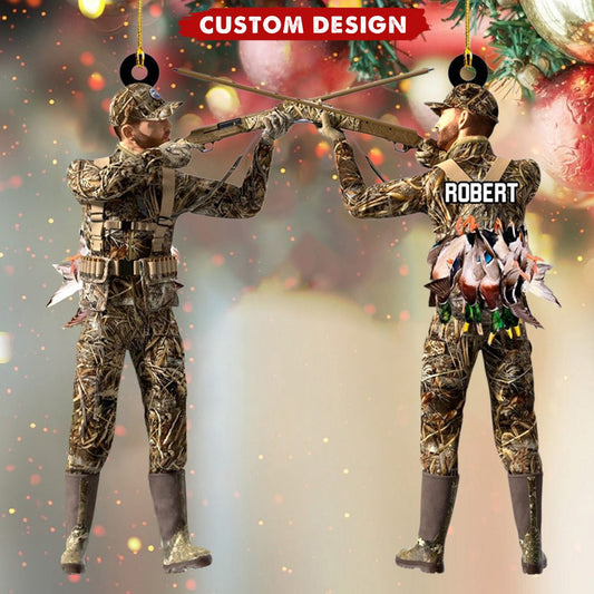 Personalized Aiming Duck Hunter with Gun in Grass Camo Fur Christmas Ornament - Custom Name Duck Hunting Lovers Ornament ON1557