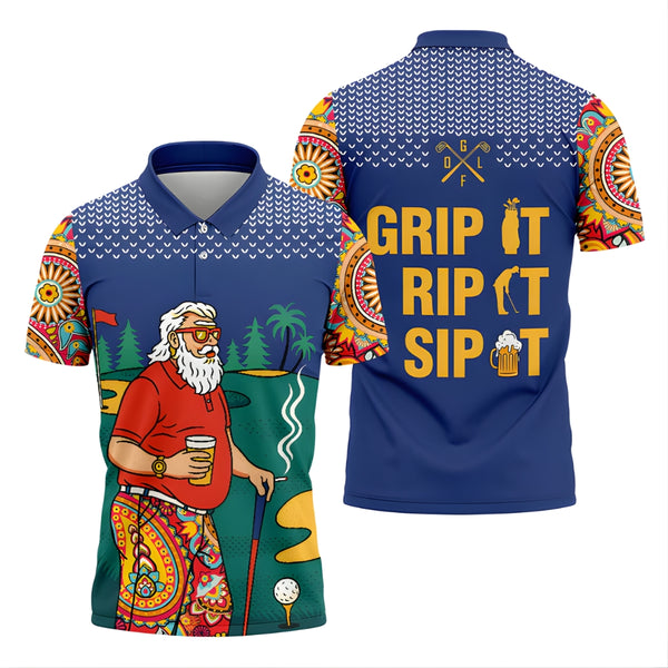 Grip It Rip It Sip It Santa Claus And Beer Golf Polo Shirt Mens, Funny Christmas Golf Shirts For Mens GB0003