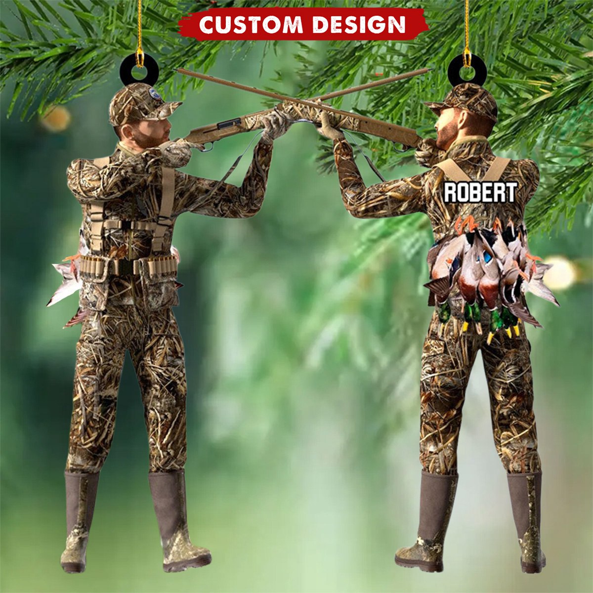 Personalized Aiming Duck Hunter with Gun in Grass Camo Fur Christmas Ornament - Custom Name Duck Hunting Lovers Ornament ON1557