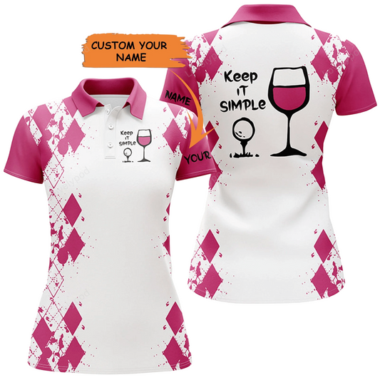 White pink womens golf shirt keep it simple golf & wine custom name womens golf polo shirt GY0998