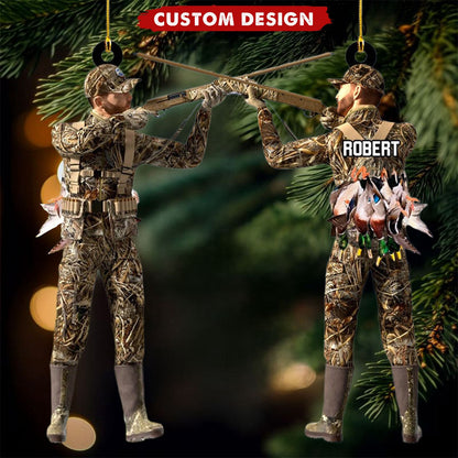 Personalized Aiming Duck Hunter with Gun in Grass Camo Fur Christmas Ornament - Custom Name Duck Hunting Lovers Ornament ON1557