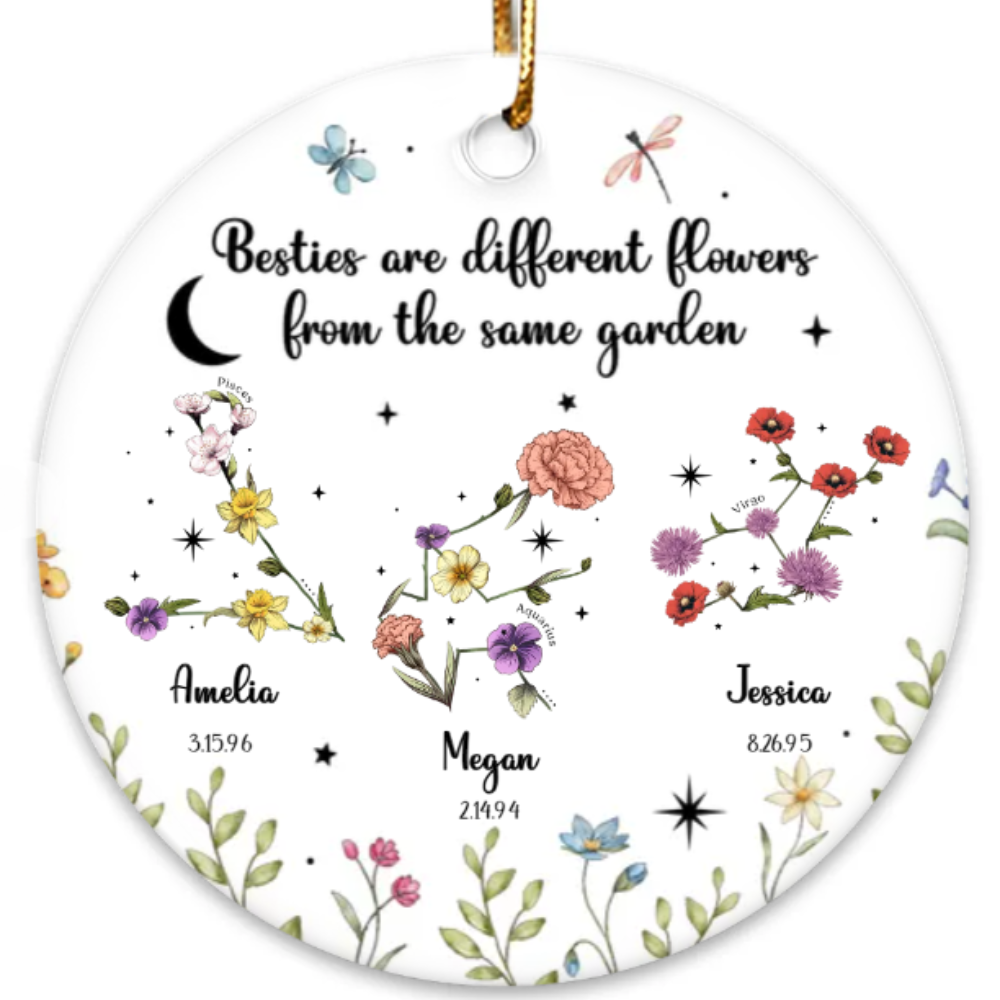 Sisters Besties Friends Zodiac Birth Month Flowers Personalized Circle Ornament, Custom Sisters Are Different Flowers From The Same Garden Ornament ON0391