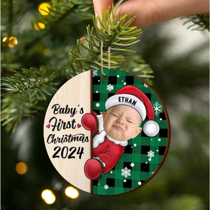 Custom Photo Christmas Santa Baby - Personalized 2-Layered Wooden Ornament, Personalized Baby's First Christmas Ornament 2024 ON0394