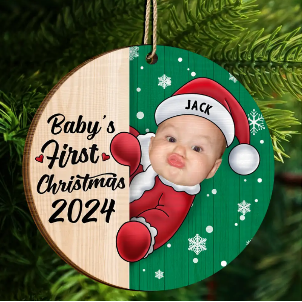 Custom Photo Christmas Santa Baby - Personalized 2-Layered Wooden Ornament, Personalized Baby's First Christmas Ornament 2024 ON0394