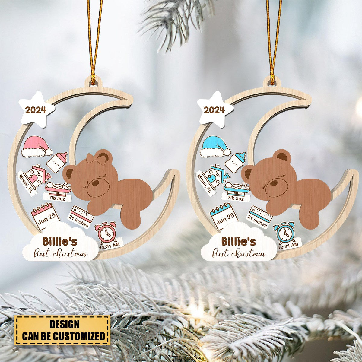 Personalized Baby's First Christmas Baby Bear Moon Ornament, Personalized Baby's First Christmas Ornament 2024, Custom 4D Shake Babies 1st Christmas Ornament ON0168