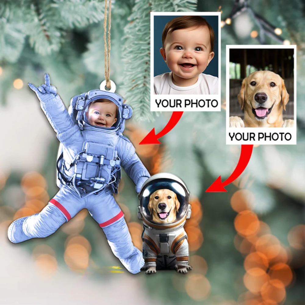 Custom Photo Baby and Dog Astronaut Ornament, Personalized Astronaut Christmas Ornament, Outer Space Ornament ON0308