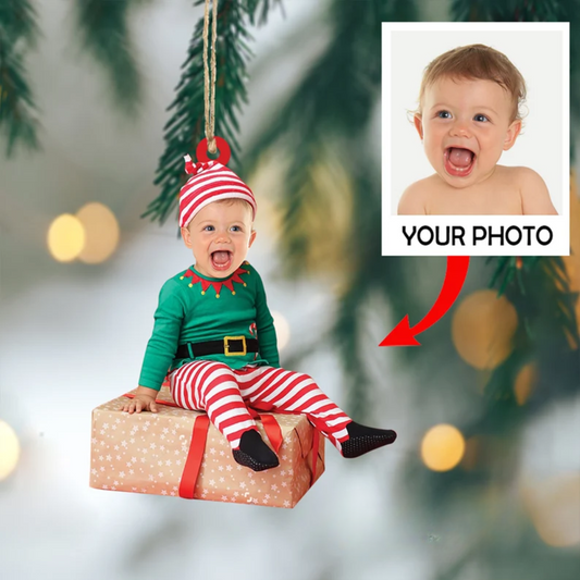 Custom Photo Baby Face Green Elf Costume Ornament, Personalized Baby Elf Photo Christmas Ornament ON0309