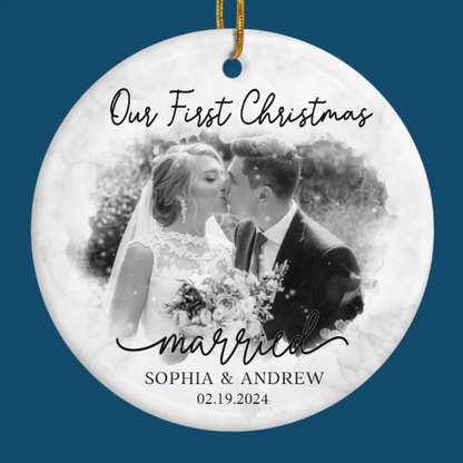 Custom Photo Our First Year Together - Couple Personalized Custom Ornament Ceramic Round Shaped - Custom Our First Christmas Married Ornament ON0397