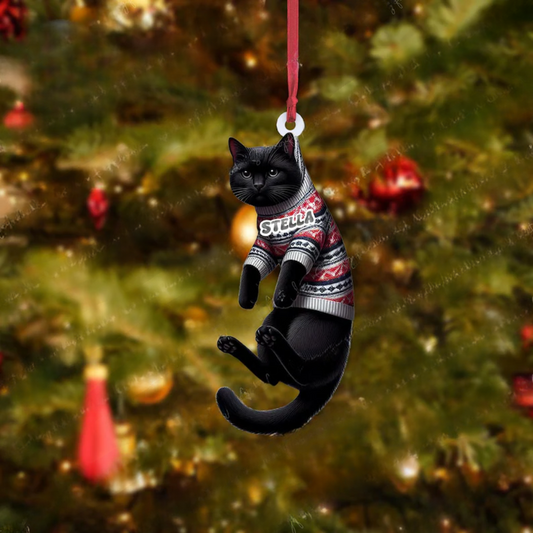 Personalized Black Cat Hanging Christmas Ornament, Custom Name Black Cat Ornament ON0775