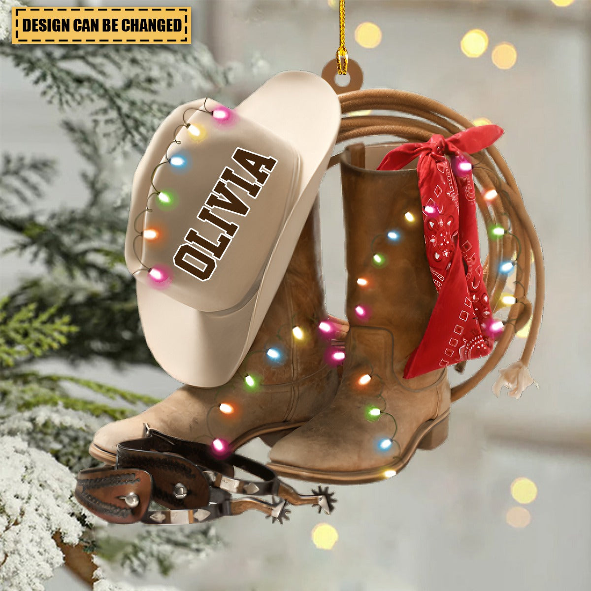 Cowboy Hat Shoes Personalized Acrylic Ornament, Custom Name Cowboy Cowgirl Christmas Light Ornament ON1434