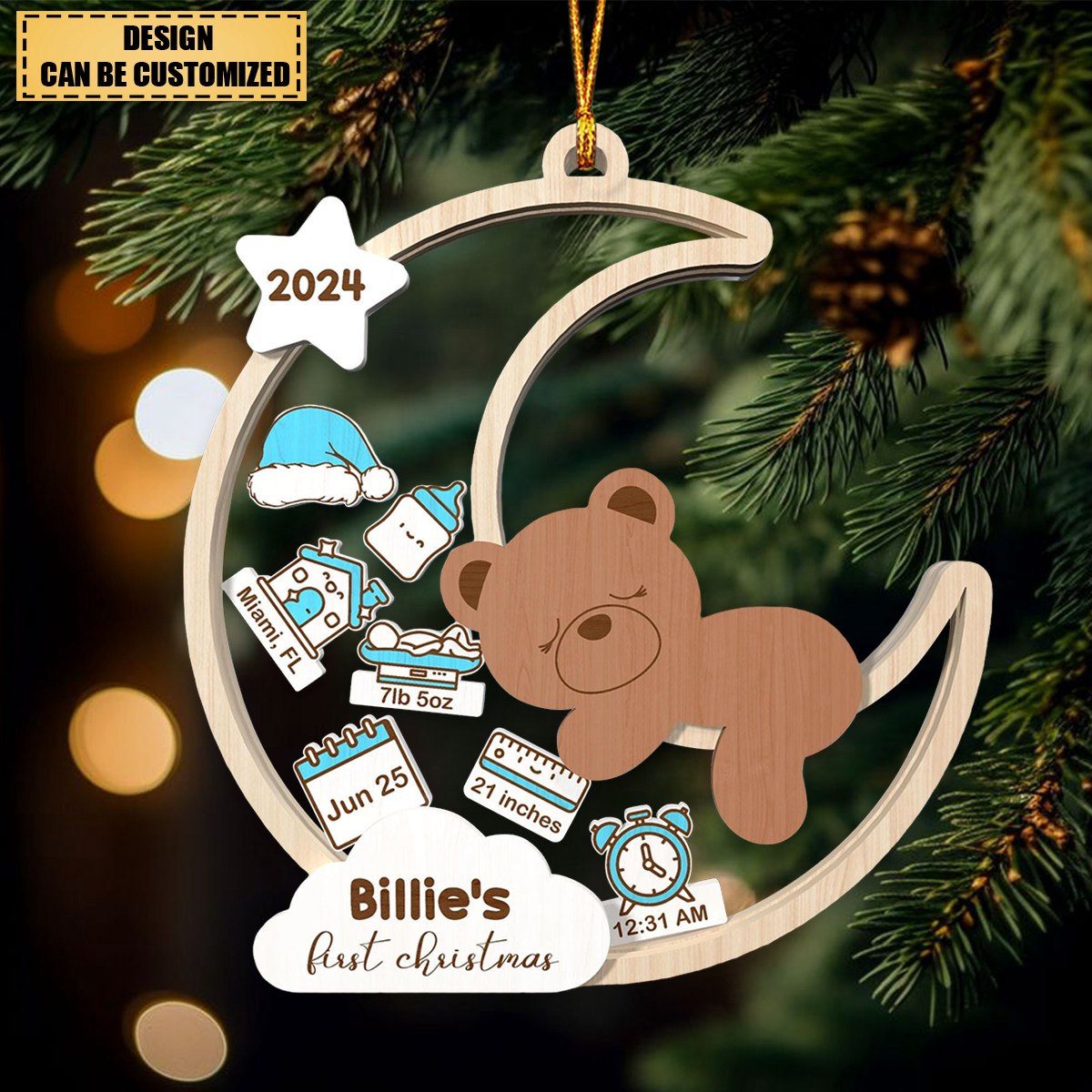 Personalized Baby's First Christmas Baby Bear Moon Ornament, Personalized Baby's First Christmas Ornament 2024, Custom 4D Shake Babies 1st Christmas Ornament ON0168