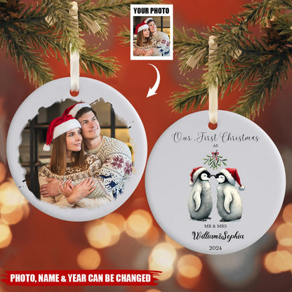 First Christmas as Mr & Mrs - Personalized Ceramic Ornament, Custom Penguin 1st Xmas Mr & Mrs Ornament With Photo ON0148