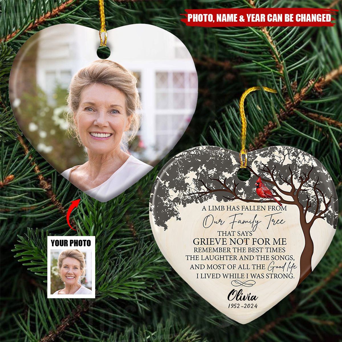 Personalized Memorial Cardinal Heart Shaped Ceramic Ornament, A Limb Has Fallen From Our Family Tree That Says Grieve Not For Me Ornament ON0026