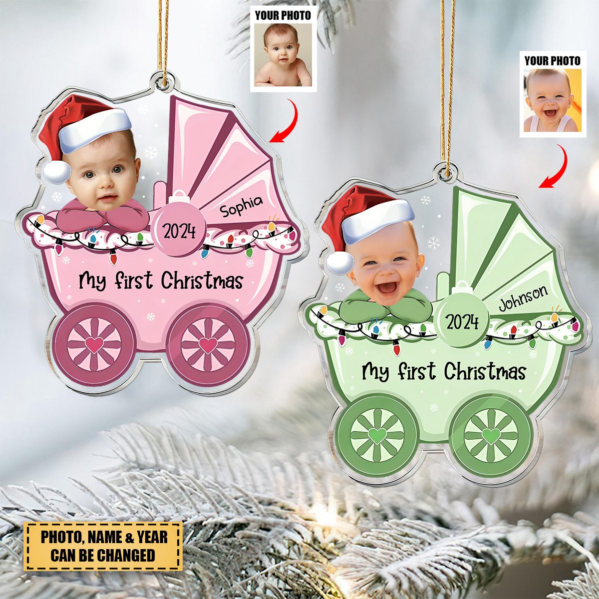 Custom Baby In Stroller - Personalized Acrylic Photo Ornament, Personalized Baby First Christmas Ornament 2024 ON0150