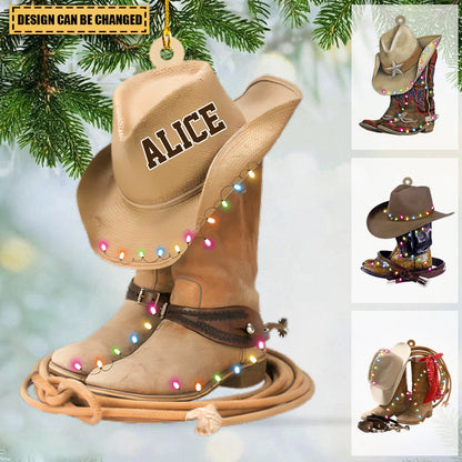 Cowboy Hat Shoes Personalized Acrylic Ornament, Custom Name Cowboy Cowgirl Christmas Light Ornament ON1434