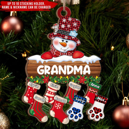 Personalized Snowman & Sock Ornaments-Christmas Gift for Grandma, Grandma Snowman Christmas Stocking Custom Name Ornament, Family Christmas Ornament 2024 ON0149