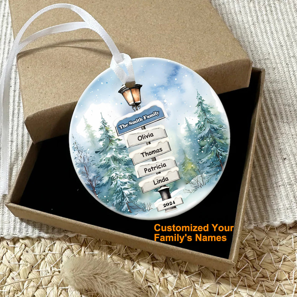 Personalized Christmas Tree And Road Sign Name Custom Ornaments - Gifts for Family, Personalized Family Christmas Ornament 2024 ON0229