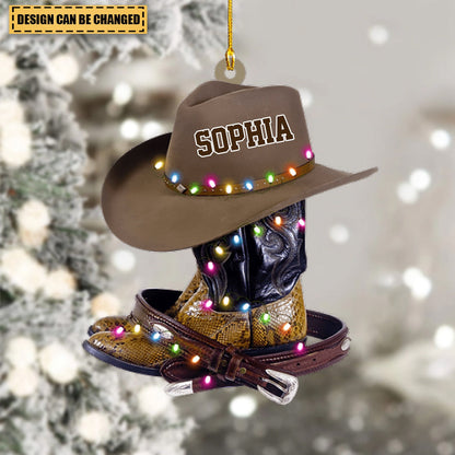 Cowboy Hat Shoes Personalized Acrylic Ornament, Custom Name Cowboy Cowgirl Christmas Light Ornament ON1434