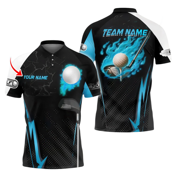 Custom Team Golf Blue Flame Polo Shirts For Men, Custom Team Golf Shirts Men GE0082