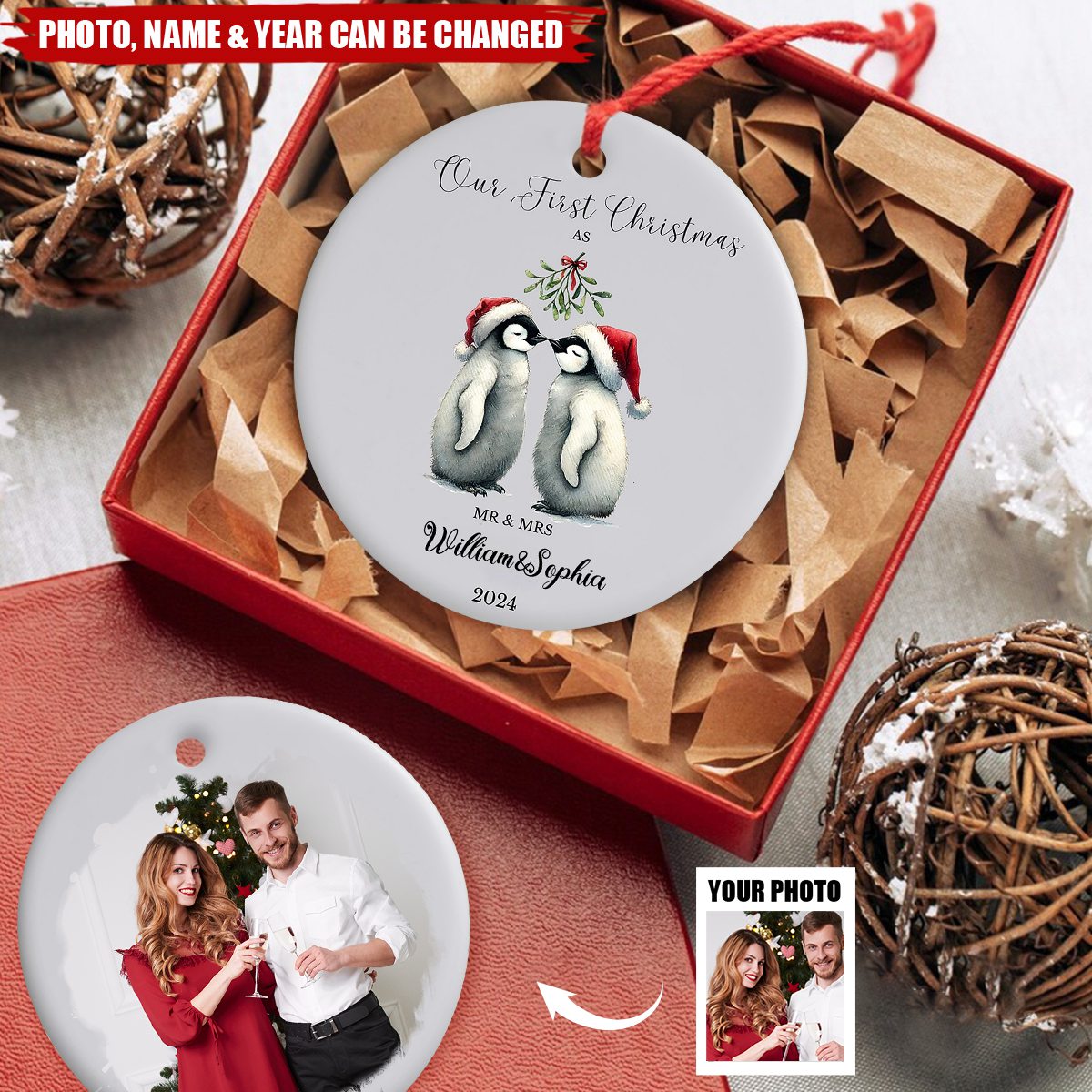 First Christmas as Mr & Mrs - Personalized Ceramic Ornament, Custom Penguin 1st Xmas Mr & Mrs Ornament With Photo ON0148