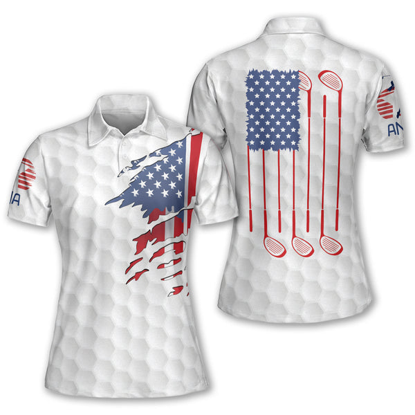 Custom American Flag Golf Polos For Women, Custom Red White And Blue Ladies Patriotic Golf Shirts GE0046