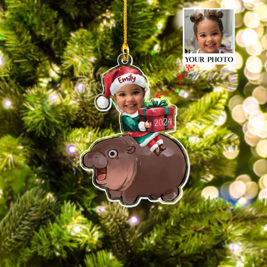 Custom Photo Baby Hippo Moo Deng Ornament, Personalized Cute Moo Deng Christmas Ornament ON0422