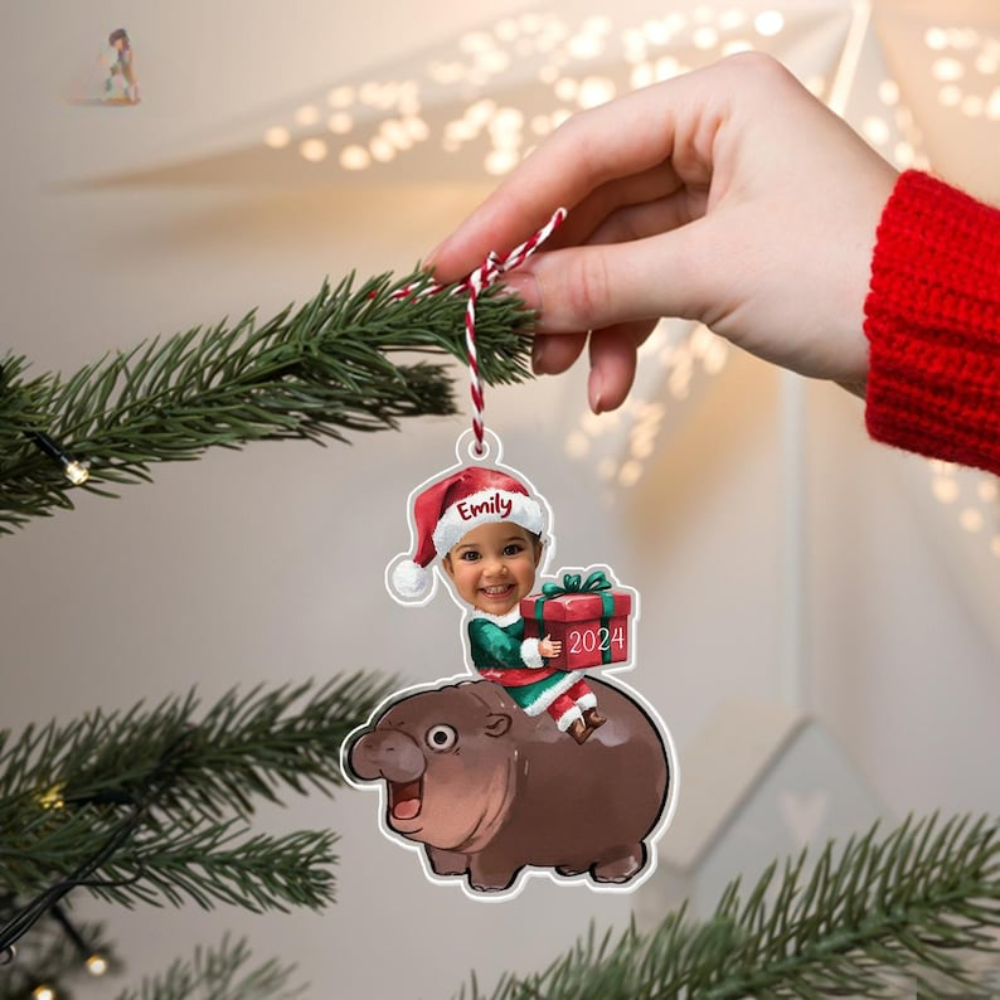 Custom Photo Baby Hippo Moo Deng Ornament, Personalized Cute Moo Deng Christmas Ornament ON0422