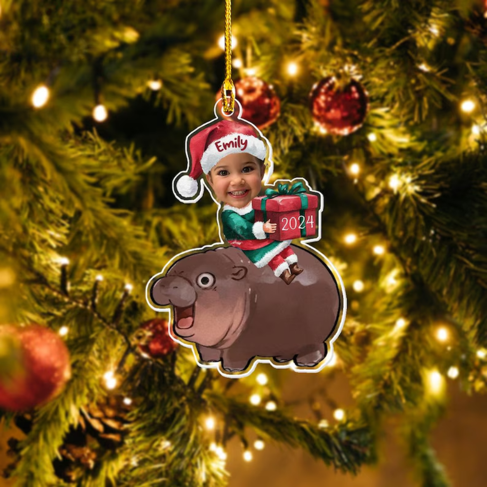 Custom Photo Baby Hippo Moo Deng Ornament, Personalized Cute Moo Deng Christmas Ornament ON0422