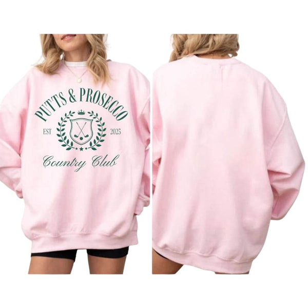 Custom Pink Putts and Prosecco Country Club Golf Sweatshirt Women, Custom Women's Country Club Golf Sweatshirt GE0110