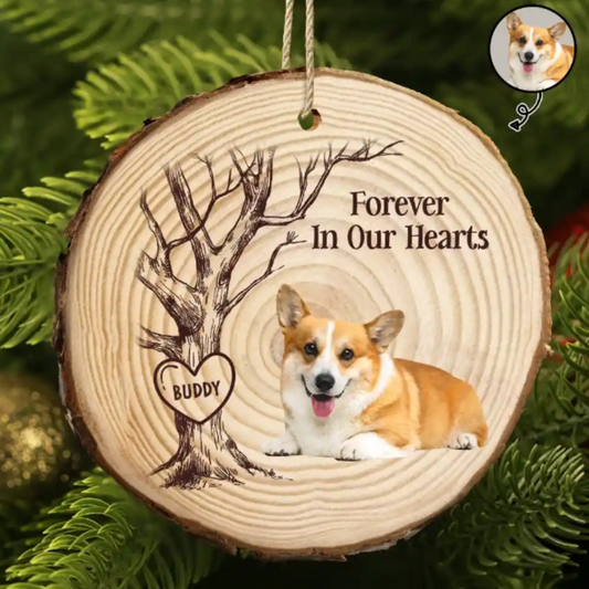 Custom Photo Forever In Our Hearts - Personalized Wood Slice Ornament, Personalized Pet Memorial Ornament ON0990