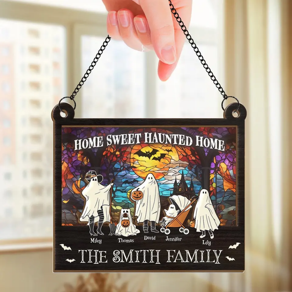 Home Sweet Haunted Home - Family Personalized Window Hanging Suncatcher - Halloween Gift For Family Members, Custom Spooky Suncatcher ON0006