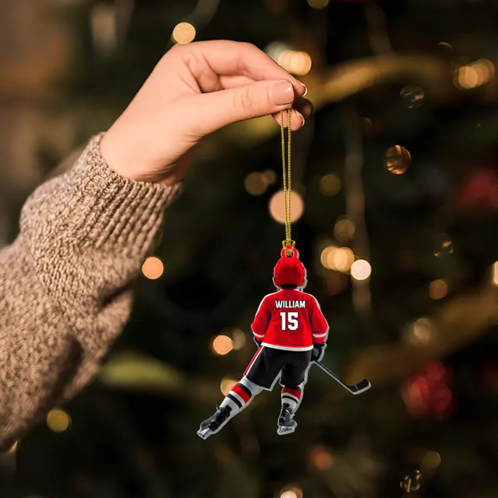 Personalized Kid Hockey Player Christmas Ornament, Custom Name Number Hockey Ornament ON1199