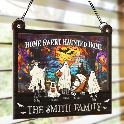 Home Sweet Haunted Home - Family Personalized Window Hanging Suncatcher - Halloween Gift For Family Members, Custom Spooky Suncatcher ON0006