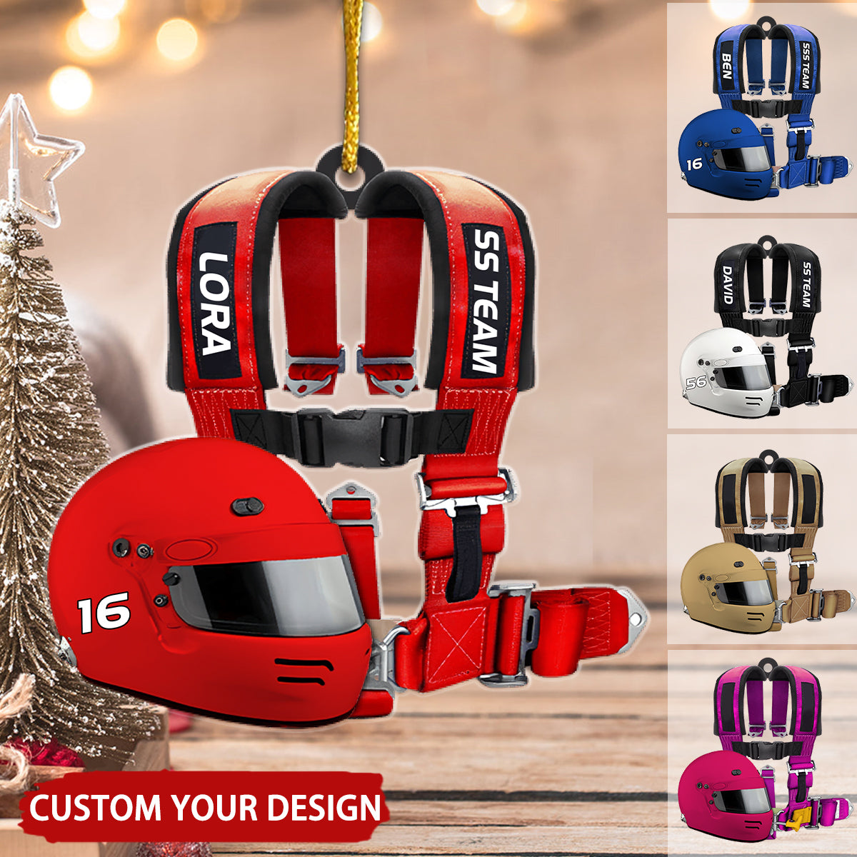 Racing Seat Belt And Helmet Personalized Christmas Ornament, Custom Name Number Racing Lover Ornament ON1391