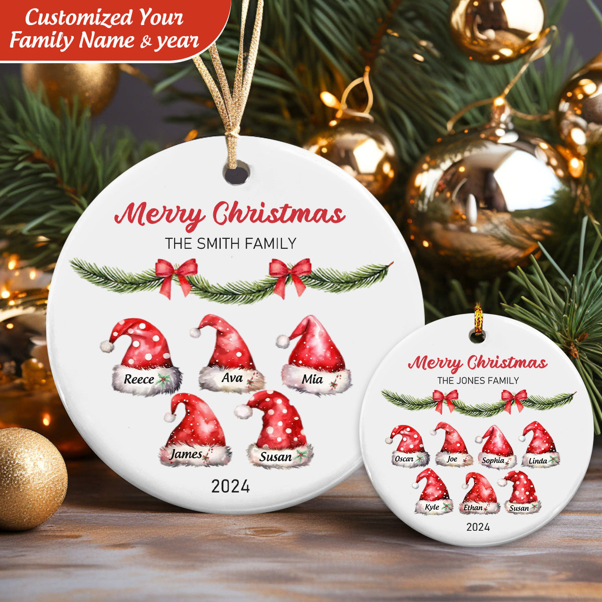 Personalized Christmas Santa Hat Ceramic Ornaments-Gift For Family, Custom Merry Christmas Family Ornament 2024 ON0290