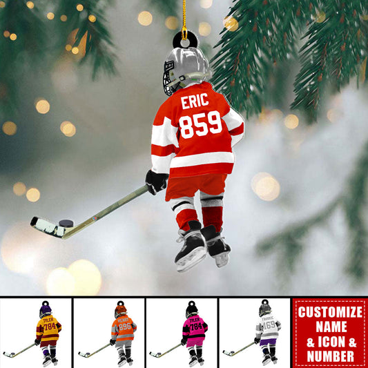 Little Hockey Player Personalized Christmas Acrylic Ornament - Custom Name Number Hockey Lovers Ornament ON1582