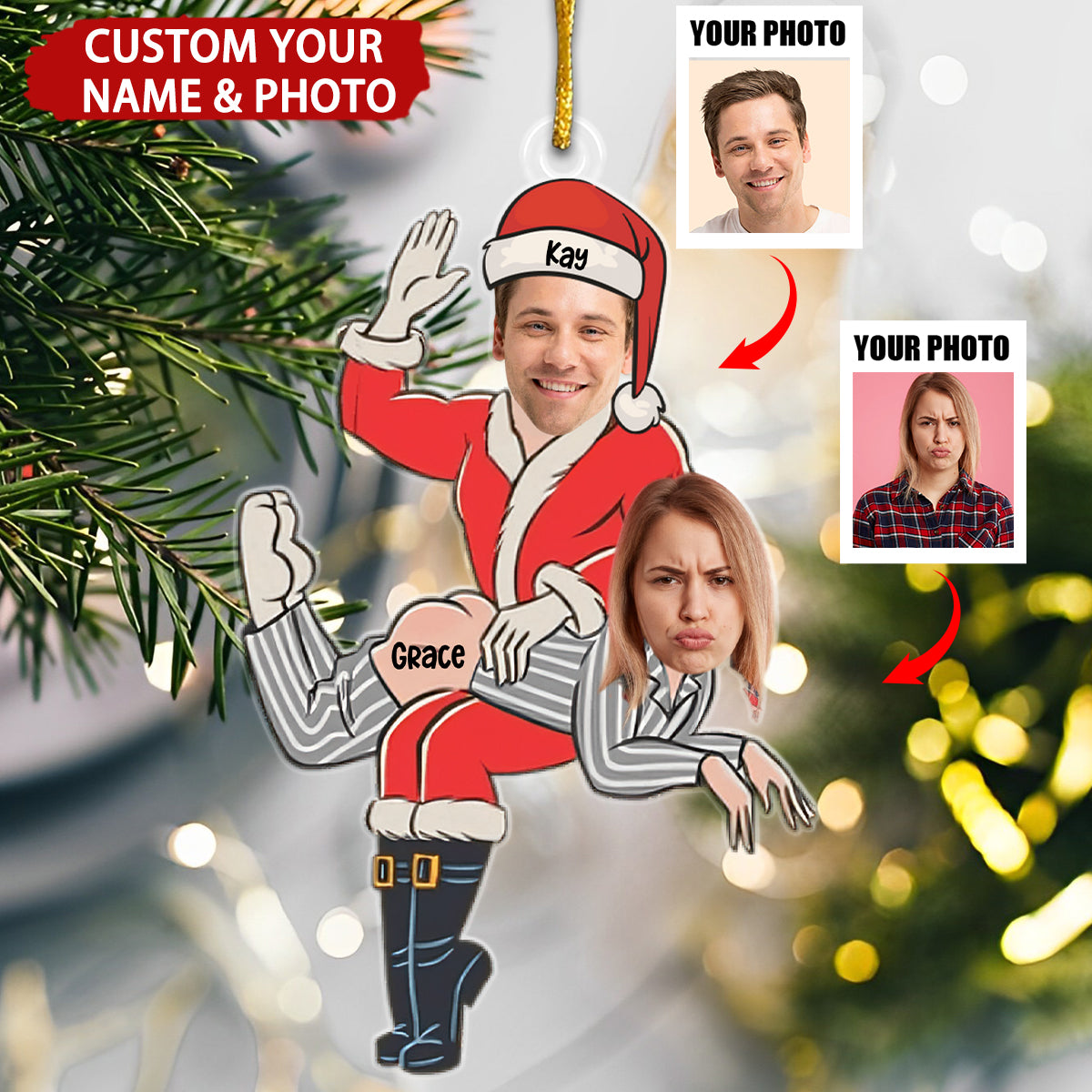 Custom Photo Funny Santa Couple Personalized Christmas Ornament, Personalized Couple Christmas Ornament 2024 ON1390