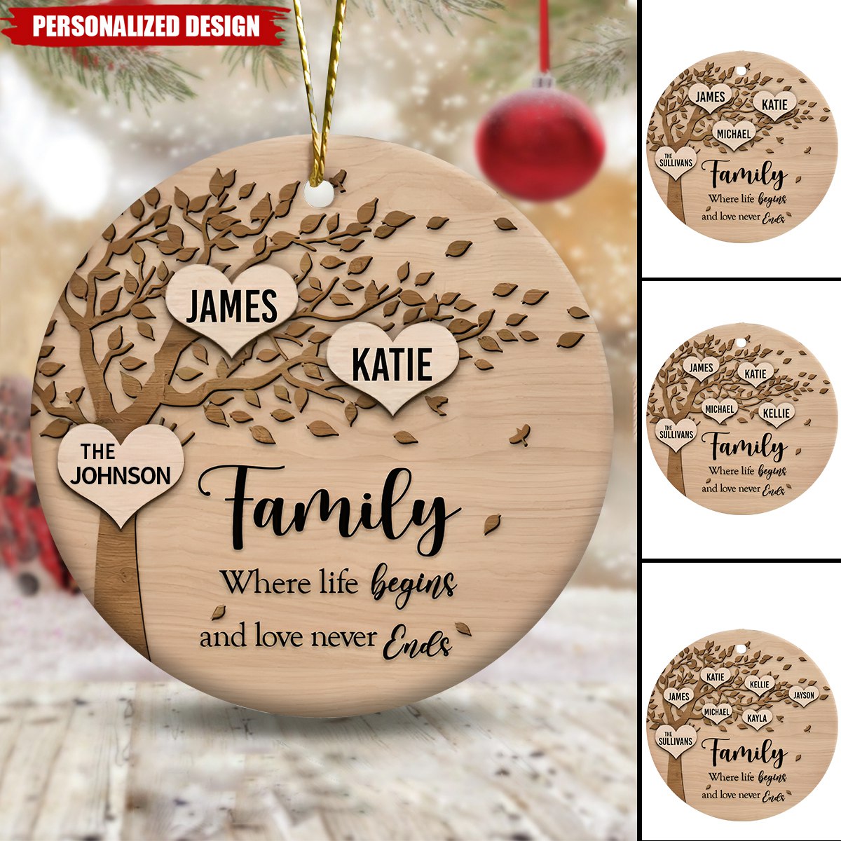 Family Where Life Begins and Never Ends Personalized Ceramic Christmas Ornament, Custom Family Christmas Ornament With Name ON0062