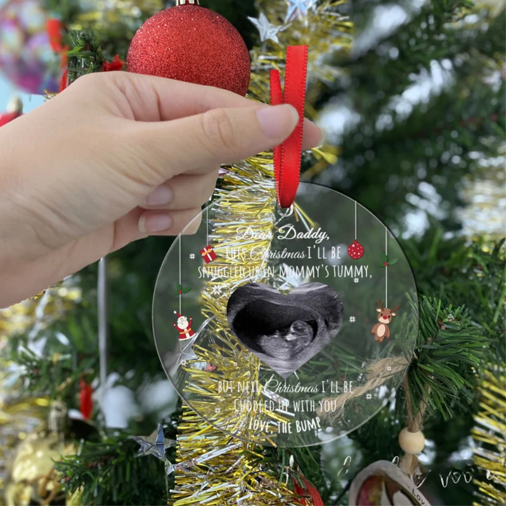 Custom Photo This Christmas I'll Be Snuggled Up In Mommy's Tummy Ornament, Personalized Christmas Pregnancy Announcement Ornament 2024 ON0155